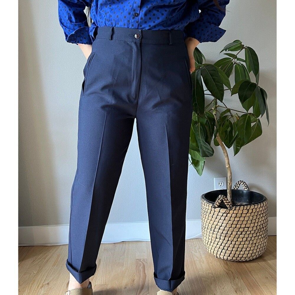 vintage navy blue high waisted trousers pants pockets‎ old money size 8 petite - Picture 2 of 10